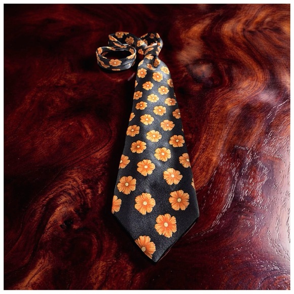 Bijan Black Silk Floral Tie - Orange Daisy Print | Statement Luxury Neckwear - Picture 7 of 15
